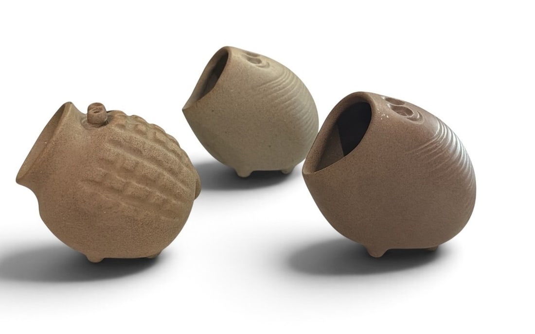 Three 1960'S ROBERT MAXWELL Critter Stoneware Sculptures: Three 1960's Robert Maxwell critter or beastie sculptures. Signature to bottom, Fig 10 on two and Fig 9 on one. Each measure approx. 3.5" H x 3" W x 4" D.