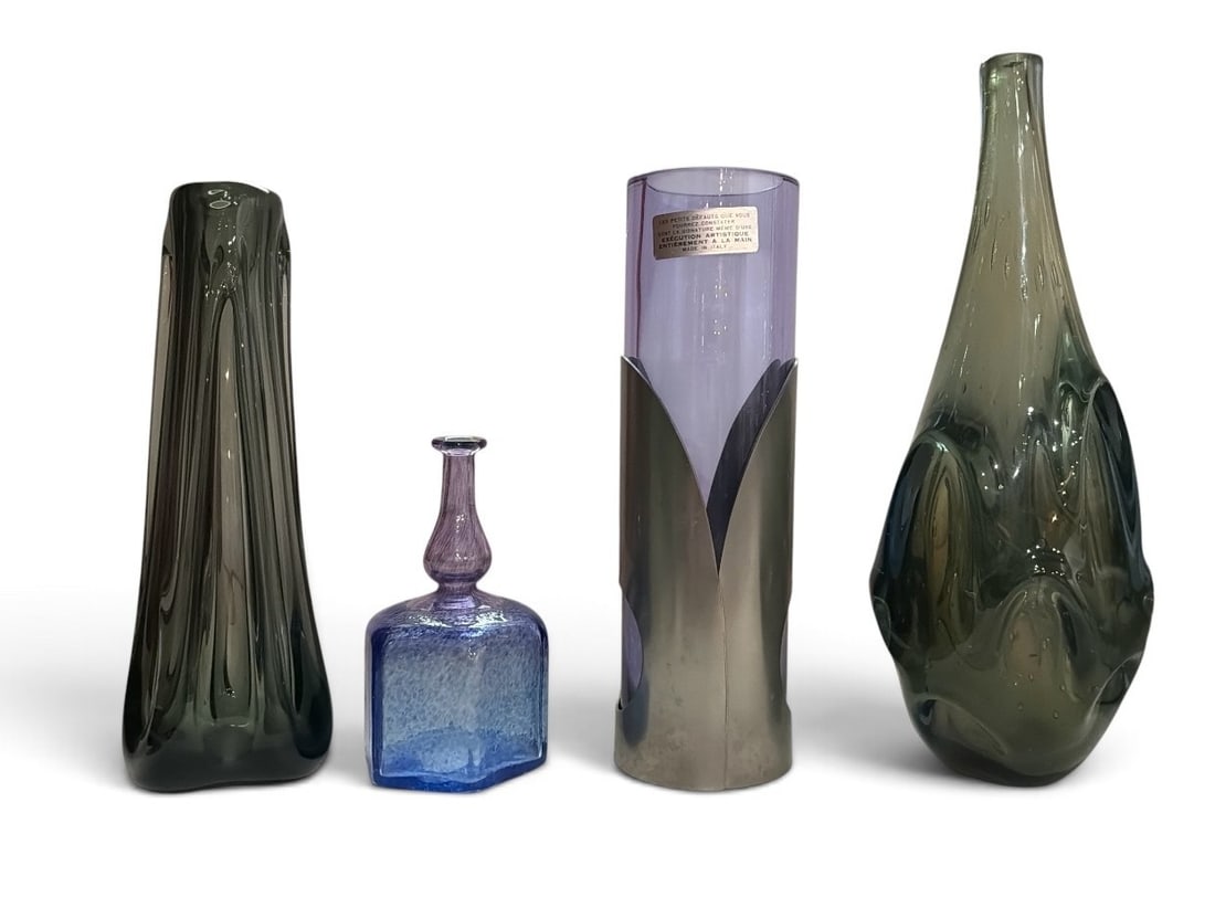 Four Mid Century Art Glass Vases, B. VALLIEN, SALVIATI, MURANO: The largest measures 13" H x 5" overall diameter and is signed Salviati. Lot also includes a Vallien for Kosta Boda vase and a pewter wrapped amethyst glass Murano vase.