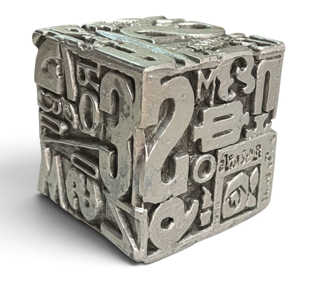 SHELDON ROSE, ALPHASCULPT Metal Table Sculpture: Measures 4" x 4" x 4". Signed by artist.