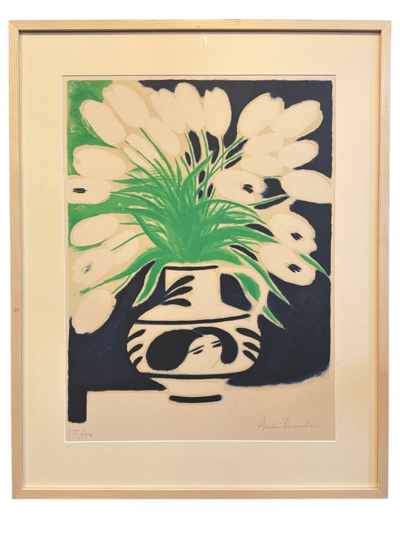ANDRE BRASILIER (French, b 1929) "Bouquet de Tulipes" Colored Lithograph: Pencil signed and numbered 115/150 in lower margin. Measures 32.5" x 25.75" x 1.75"D in frame, sight measures 24.75" x 18.5".