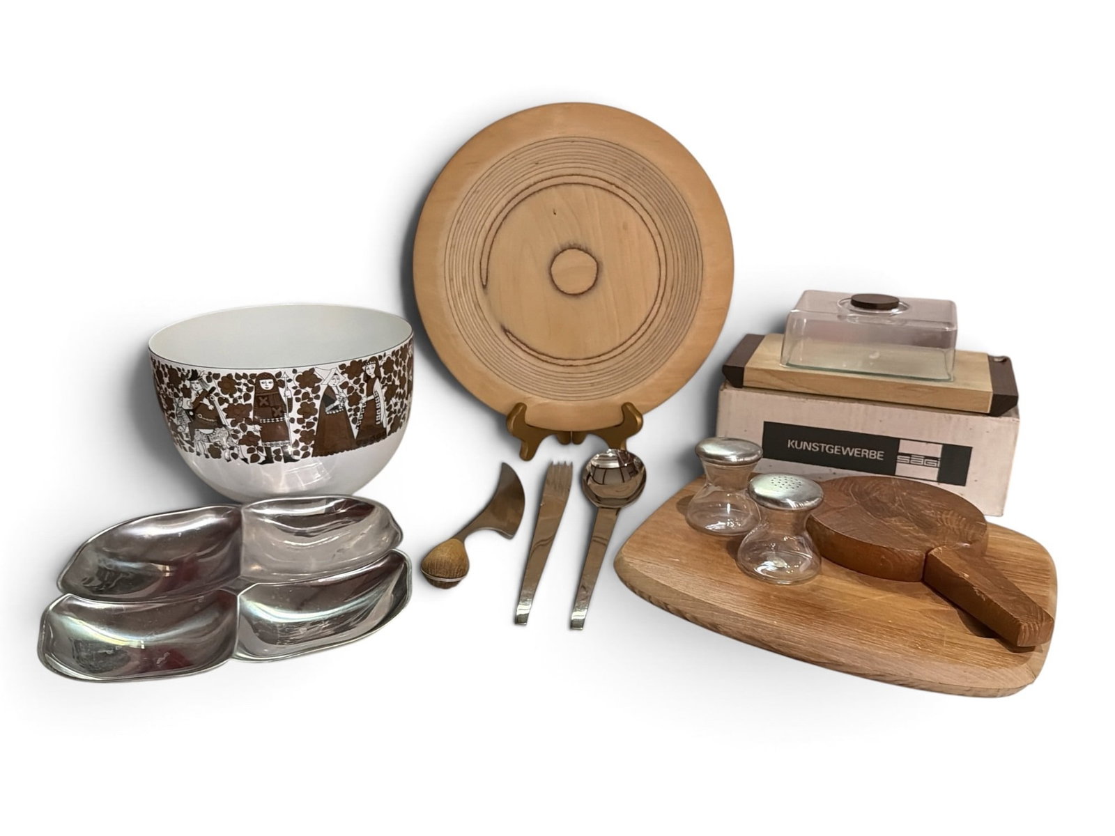 Collection of Mid Century Teak and Chrome Kitchen Articles: The Saarinen charger has a diameter of 11.75". Lot also includes Gense serving utensils, a Gense serving dish, Dansk knife and wood blocks, and Arabia enamelware bowl that measures 5.5" H x 8.25"