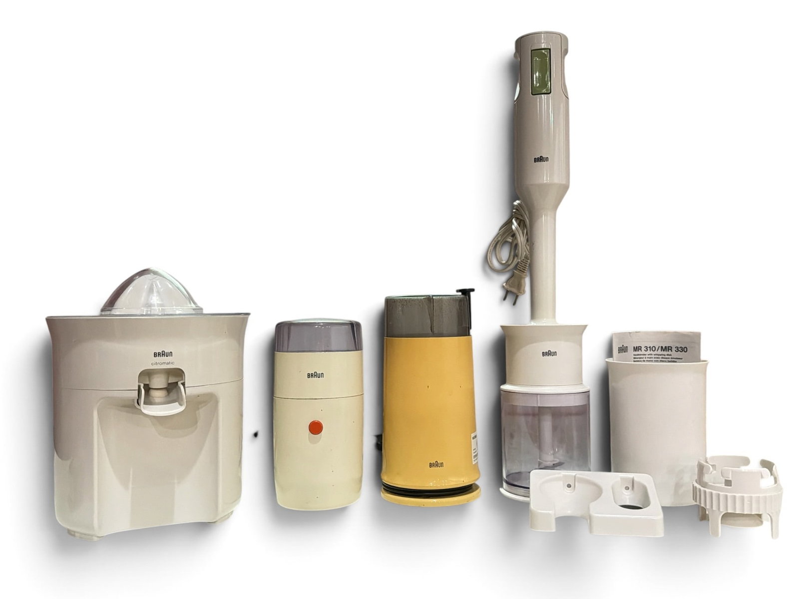 Collection Vintage BRAUN Kitchen Appliances, DIETER RAM, REINHOLD WEISS: Lot includes a Braun 4169 Immersion Blender With Accessories, a Braun Citromatic citrus juicer type: 4 979 made in Spain to underside co designed with Jurgen Grubel, a Bruan Aromatic KSM 2 Type 4041 i