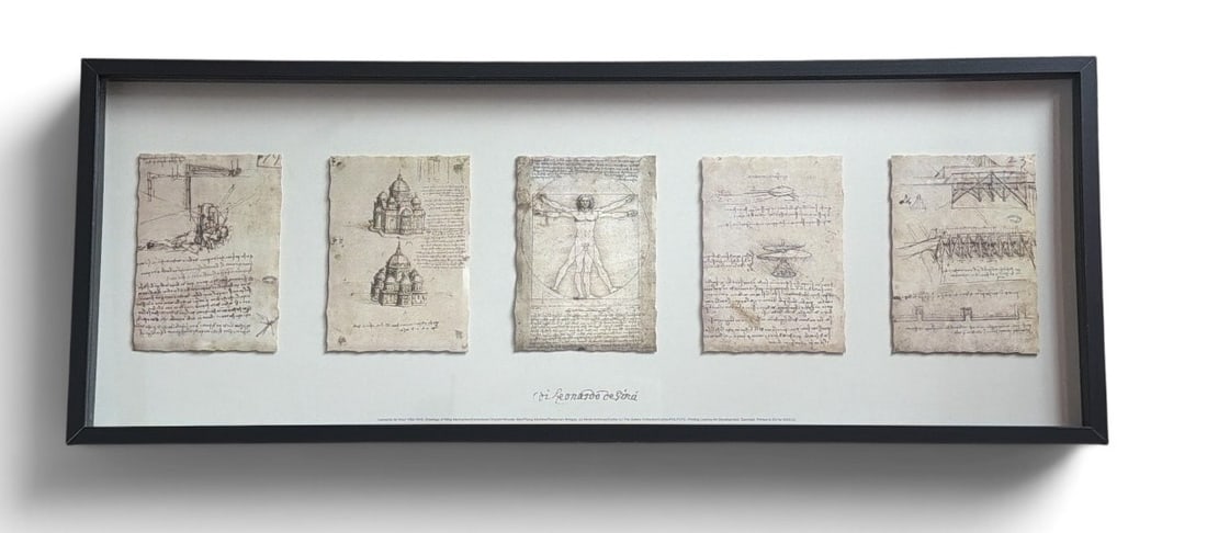 Vintage IKEA Leonardo Da Vinci Framed Drawings: Measures 15.5" x 41" x 1.5" D.