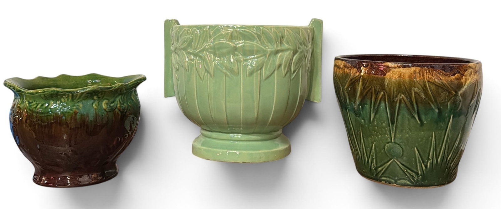 Vintage MCCOY and ROBINSON RANSBOTTOM Ceramic Jardinere/Planters: Mccoy Jardinere planter measures 11" H x 13" overall diameter. Largest Robinson Ransbottom Roseville planter measures 8" Hx 9.5" overall diameter.