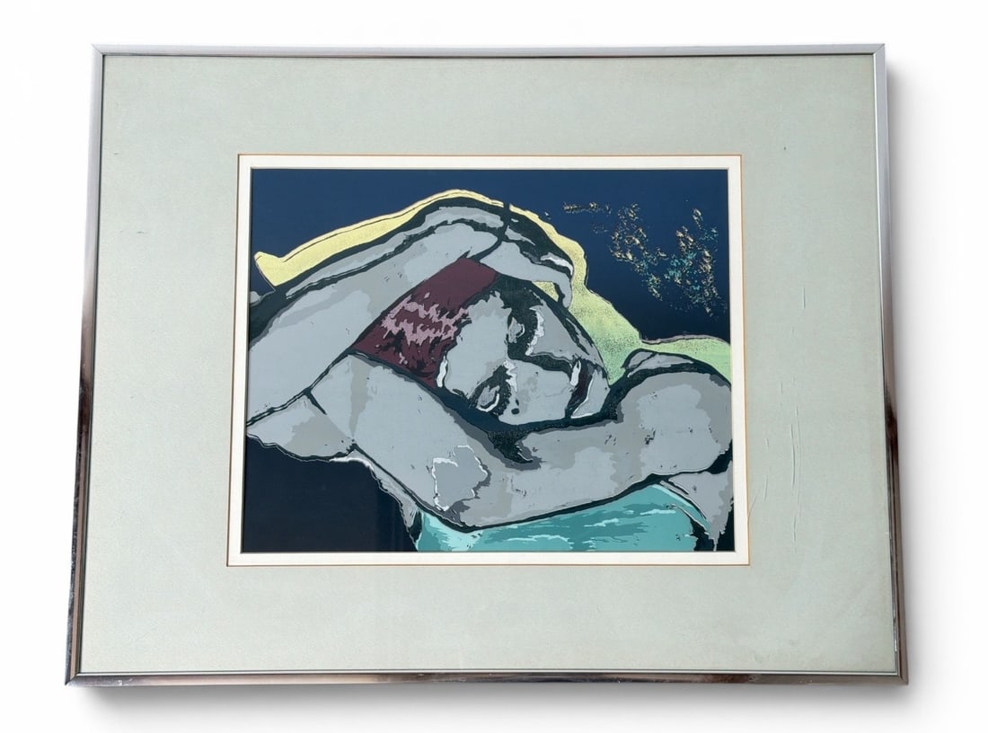 Modernist Mixed Media Portrait of Sleeping Woman: Can hang vertical or horizontal. Measures 24.75" x 19.5" x 1" D in the frame. Sight measures 12" x 14.5".