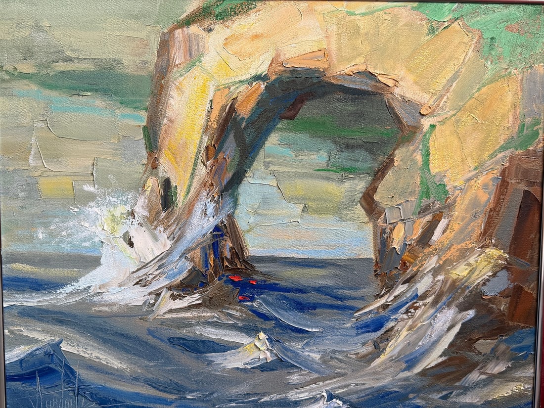 Impressionist "Wish Rock" Seascape Oil Painting: Contemporary seascape oil painting titled "Wish Rock" by Robert J. Yugaitis. Signed in lower right corner. Measures 16.25" x 20.5" x 1.75" D. Sight measures 15.5" x 19.5".