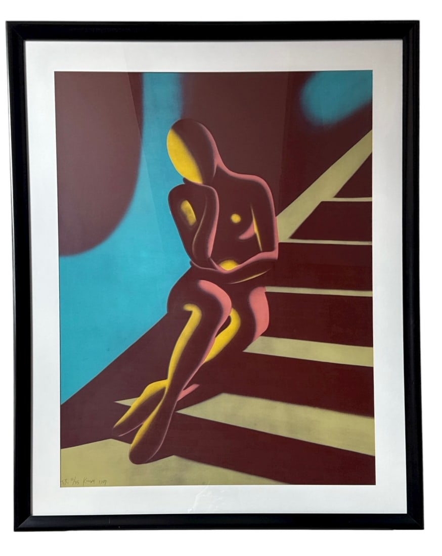 Rare MARK KOSTABI (American, b. 1960) "Upwardly Mobile" Trial Proof Color Lithograph: Pencil signed, dated 1989 and numbered 32/35. Measures 48" x 38.5" x 1" D in frame. Sight measures 39.5" x 29.75". A trial proof is an early impression produced during the printmaking process to evalu