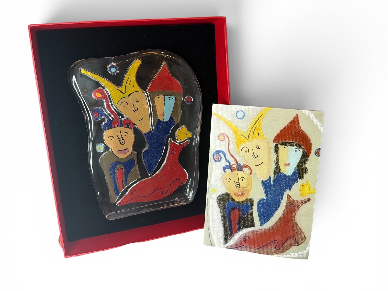 MATT LAMB "Spirit of Celebration" Sasaki Glass Sculpture: Measures 8" H x 6" W x 1" thick. Includes original box and paperwork.