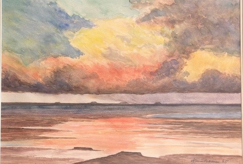 Post Modern Sunset Watercolor Painting: Signed and dated 1995 in lower left corner. Measures 21" x 25.5" x 1" D in frame. Sight measures 13.5" x 18.5".