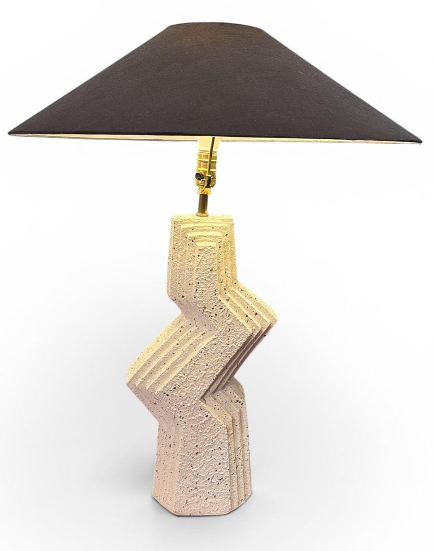 Post Modern Zig Zag Table Lamp: 1980's plaster "Zig Zag" table lamp. Similar to designs by Ziggurat. Measures 31" H x 10" W x 6" D at base, 24.5" overall diameter on shade.
