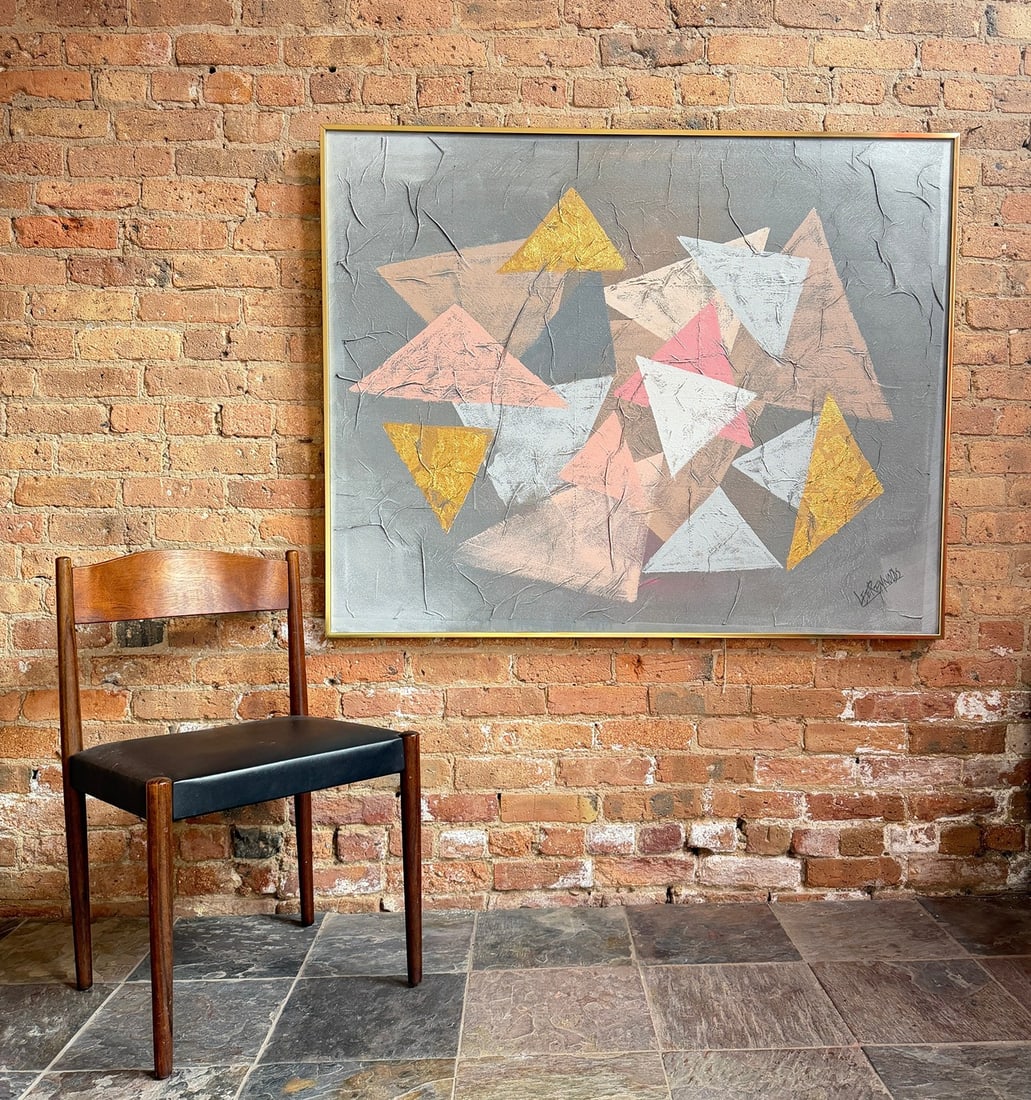 Wall Sized Post Modern Geometric Painting, LEE REYNOLDS: 41" H x 51.5" W x 1.5" D in the frame. Signed in lower right hand corner.