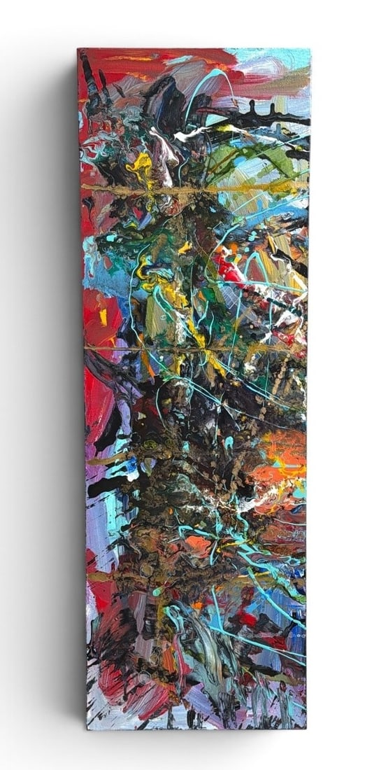 Abstract Modernist Acrylic Pour Painting: Acrylic on canvas. Measures 36" x 12" x 1.5" D. Can hang vertical or horizontal.