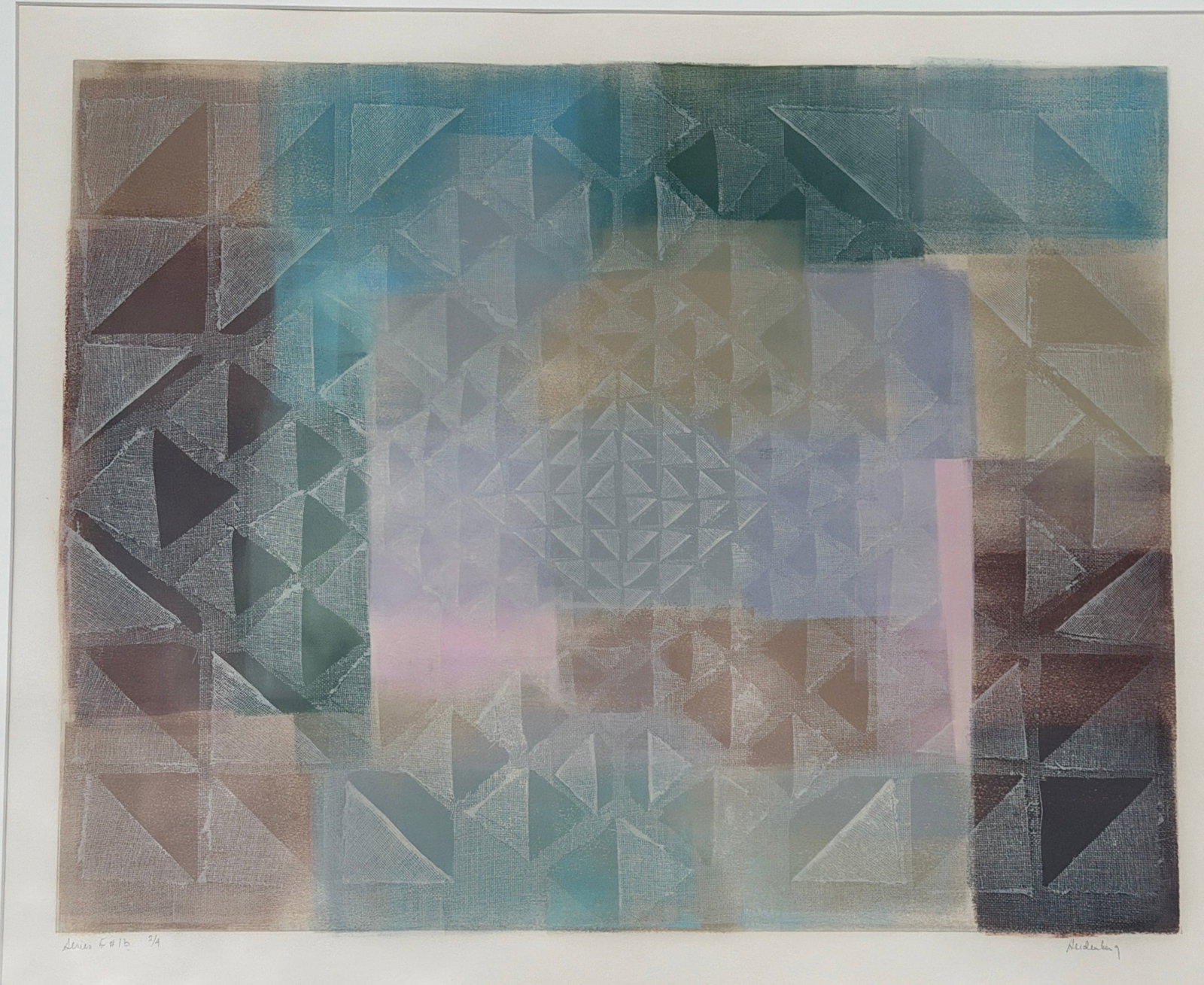 Geometric Abstract Mixed Media "Series 6 #1b" Painting: Titles Series 6 #1b, numbered 2/4, and pencil signed Deideuken 9 in lower margin. Maintains tag from Van Straaten gallery in Chicago en verso. Measures 26.5" x 30.25" x 1.5" D in frame. Sight