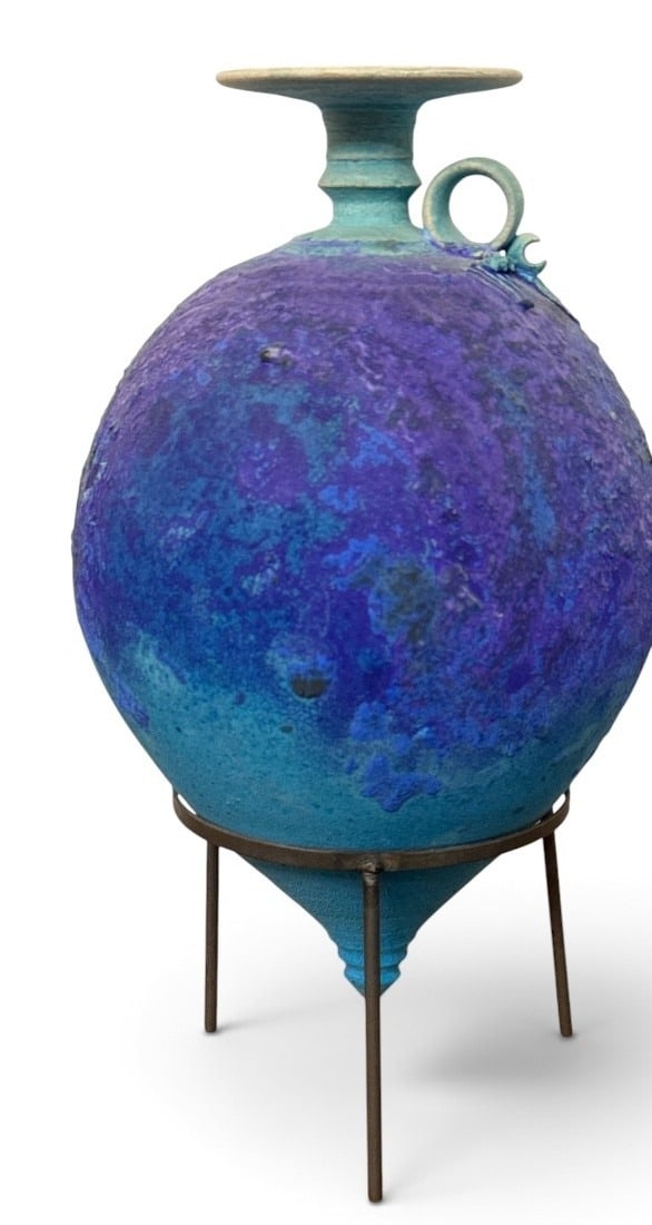 Post Modern Ceramic Pottery Amphora Style Vessel: Measures 13" H on the stand x 7" overall diameter.
