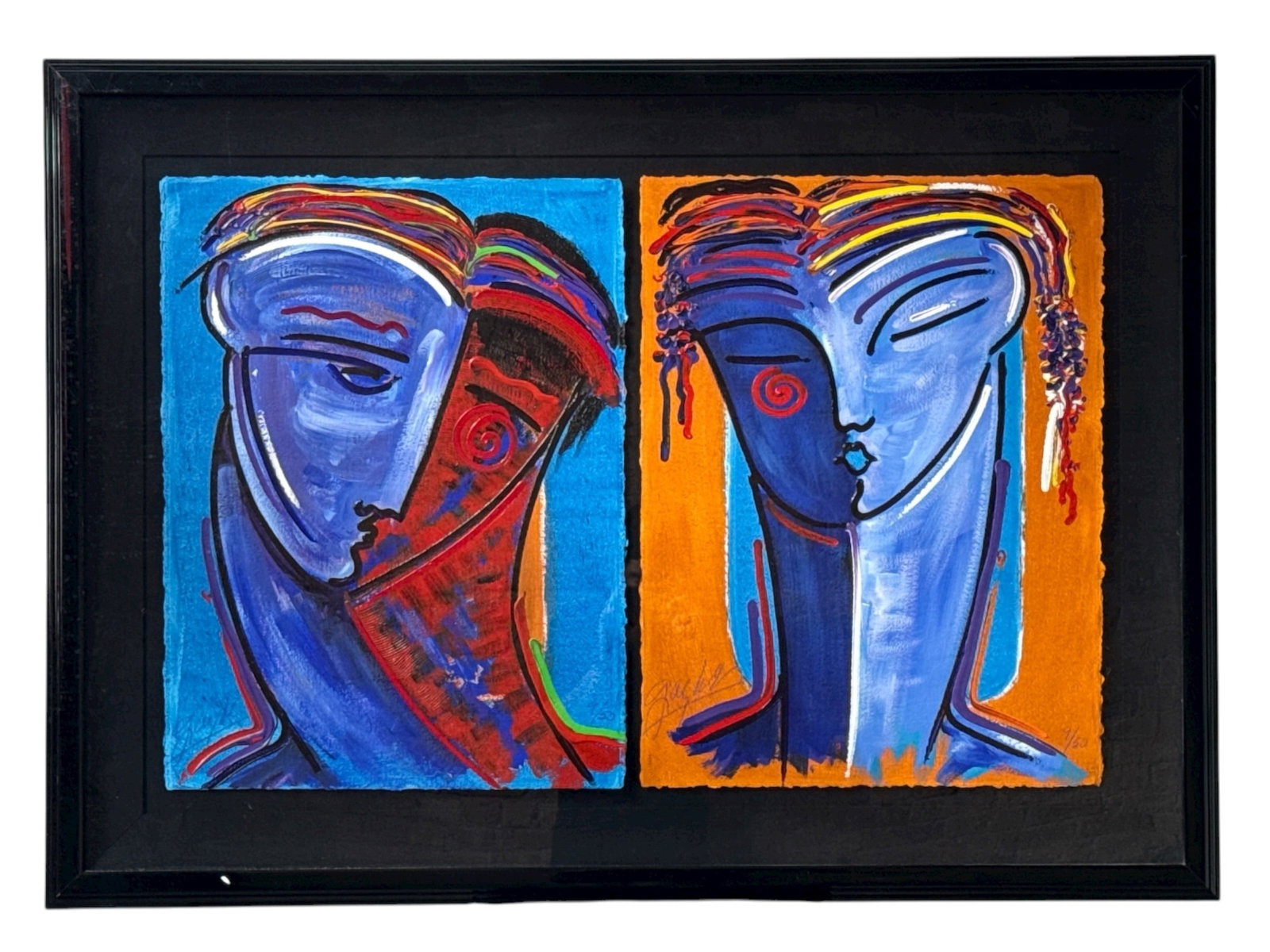 GAYLORD SOLI (American, 1939) Diptych Portrait Oil Painting: Oil works on handmade paper. One titled "L'Femme" and other titled "L'Homme". Both signed by Soli and numbered 9/50.Gaylord Soli draws inspiration from Picasso, Tamayo, and Hans Hoffman. Measures 42"