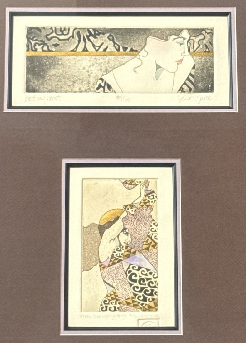 DAWN MARIE ( 20th C.) Diptych Embellished Etching/Aquatint: Top work is titled "Melt My Heart" and numbered 85/100. Bottom work is titled "In the Everlasting Arms" and numbered 30/50. Measures 26" x 20.5" x 1" D in the frame. Sight measures 4.5" x 11.5" on
