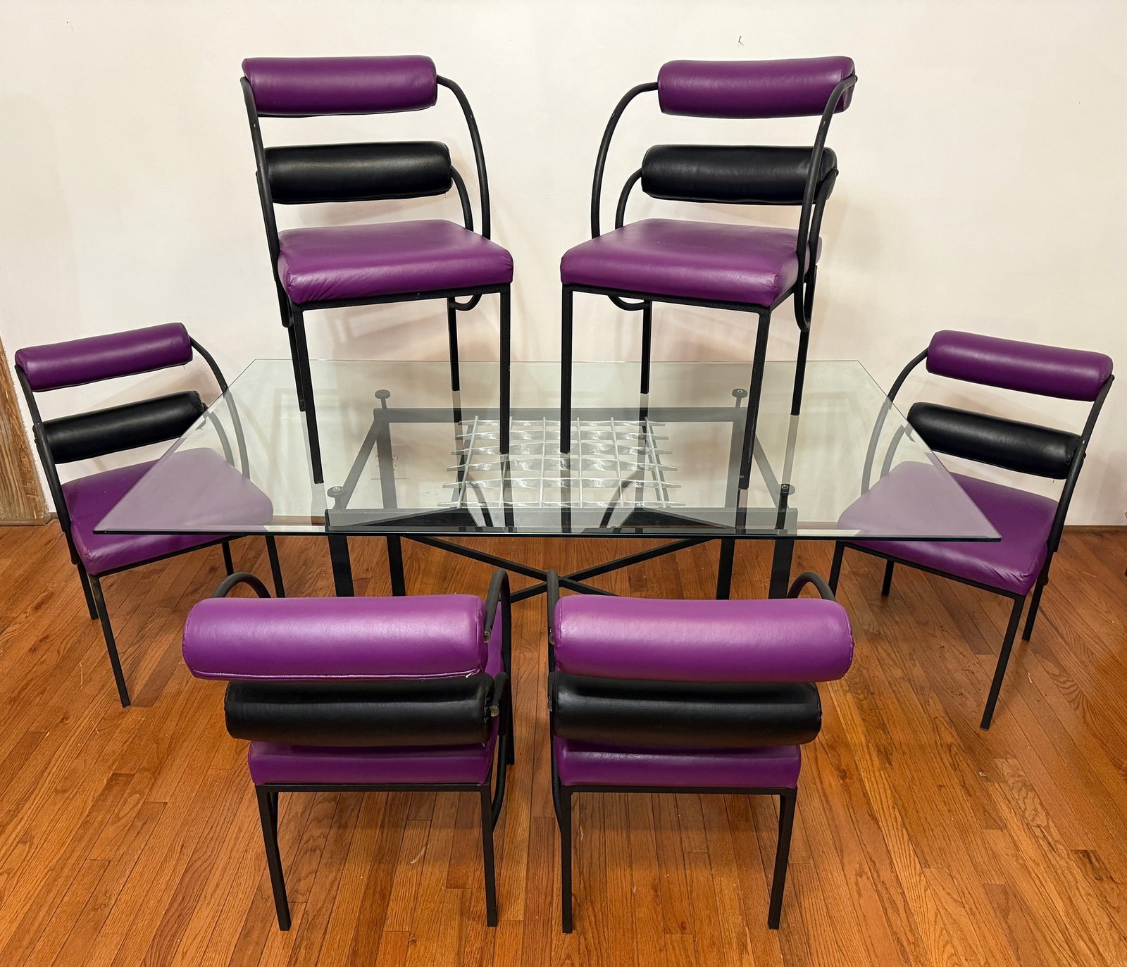 Memphis Style Dining Set: Table measures 29" H x 72" W x 42" W. Set of 6 dining chairs. Each chair measures 33" H to the back x 19" H to the seat x 20" W x 24"D.