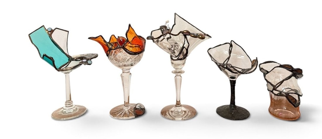 Artisan Mosaic Wine Glasses, Sculptures: Largest measures 9" H x 6" W x 5"D.