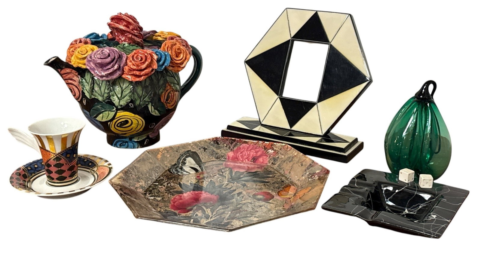 Collection Assorted Decorative Articles: Includes a Mary Rose Young ceramic teapot. A Rosenthal tea cup and saucer, ashtray, art glass fruit, black and white geometric frame measures 7.5" h x 8" W x 3"D.