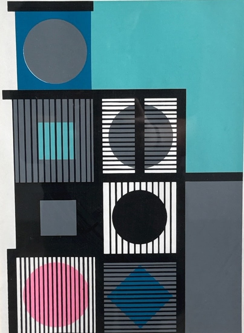 After YAACOV AGAM Op Art Color Screenprint: Pencil signed, titled "Blue Diamond" and numbered 67/300. Measures 20.5" x 16.5" x 1" D in frame. Sight measures 14.5" x 10.5".