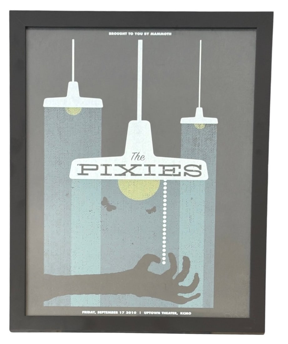 THE PIXIES Uptown Theater Screen Print Poster, DAN PADAVIC: The Pixies Uptown Theater, Kansas City, MO Concert Poster by Vahalla Studios. September 17th, 2010. Measures 26.25" x 20" in frame, sight measures 23.75" x 17.5". Pencil signed by artist Dan Padavic a