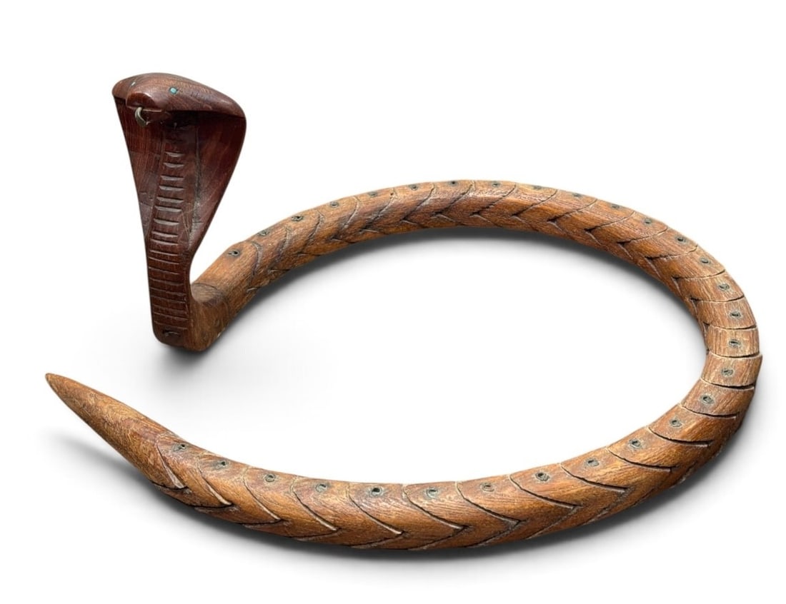Folk Art Articulating Cobra Snake: 6.5" H x 36" overall length.