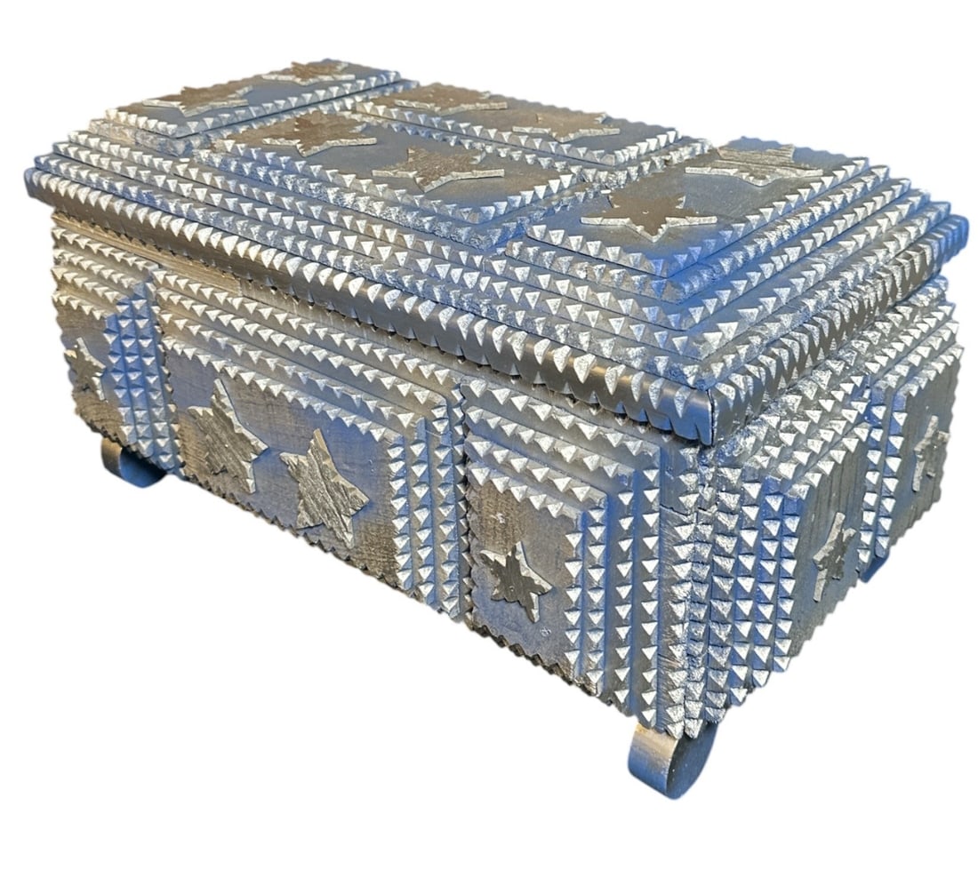 Museum Quality POPS CASEY (American, 20th C.) Tramp Art Box: 10" H x 19.5" W x 10.25" D POPS CASEY is an American Folk Artist.