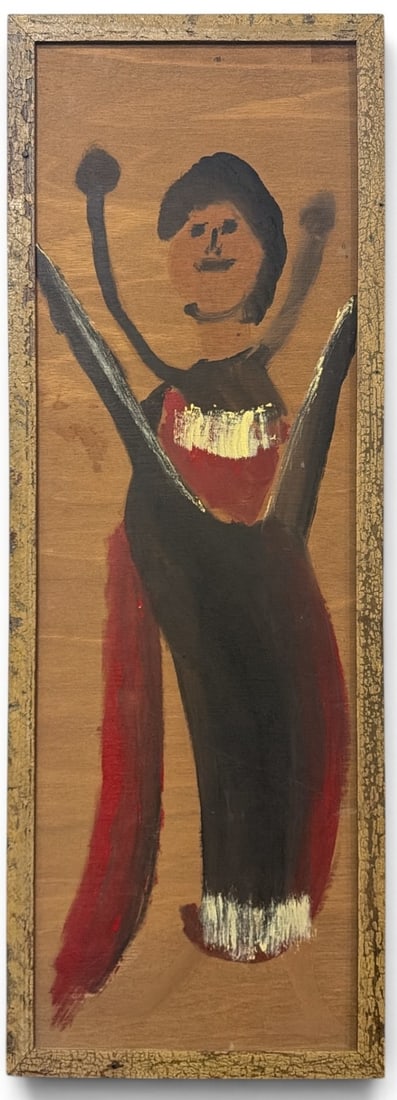 JIMMY LEE SUDDUTH (American/Alabama, 1910-2007) Woman In A Black Dress Painting: Paint and mud on board. Measures 50.25" H x 17.75" W x 1" D in frame.
