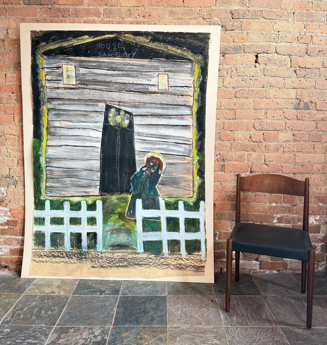 Large Scale Folk Art Painting " House of Sanctuary": Measures 67" x 47.75". Mixed media on paper. Signed in the lower left corner. Circa 1980's.