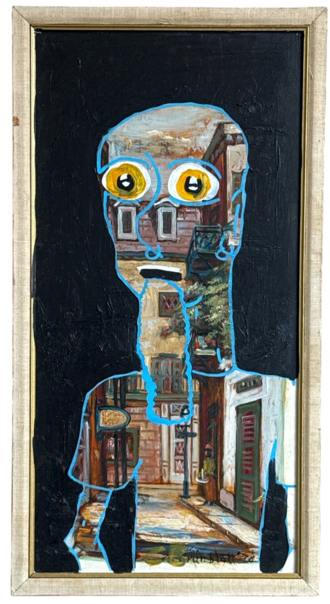 Basquiat Style Abstract Portrait: Painted over a mid century George Grunblatt street scene. Measures 25.5" H x 13.5" W x .5" D. Sight measures 23.5" x 11.5".