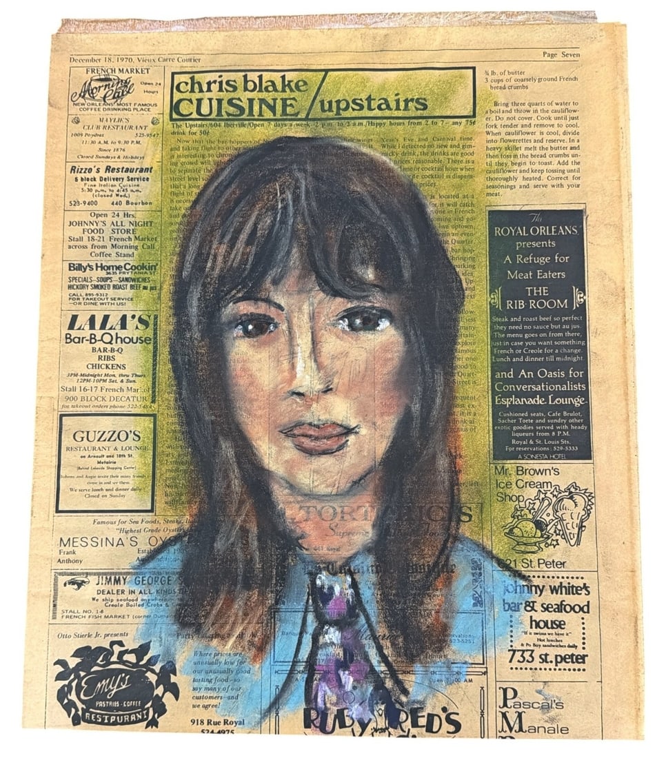 Mid Century Oil Pastel Portrait of a Woman, French Quarter New Orleans: Measures 15.25" x 13.25" x 1" D in the frame, sight measures 9" x 6.5". Styled like a Franz Klein on newsprint. Oil pastel on the December 18th, 1970 edition of Vieux Carre Courier. The Vieux Carr?