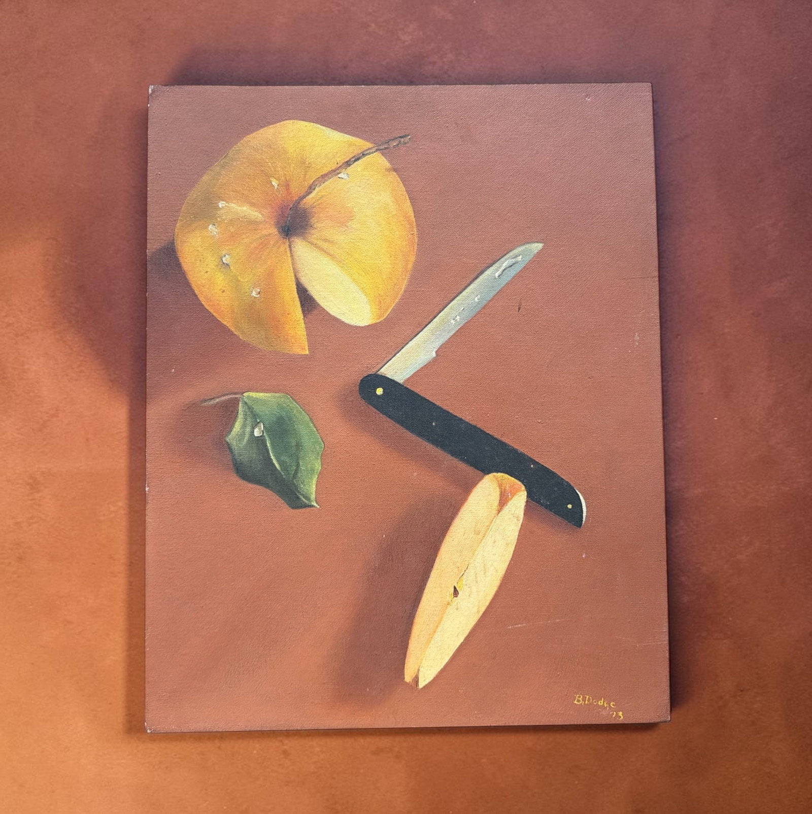 Sliced Apple Still Life Painting: Signed B. Dodge in the lower right corner. Acrylic on board. Measures 20" x 16".