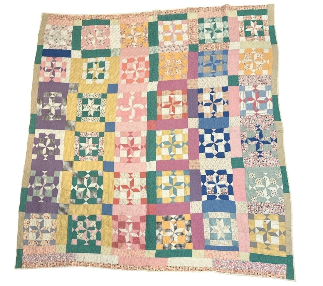 Hand Stitched 1930s Sawtooth Star Quilt: Measures 78" x 75".