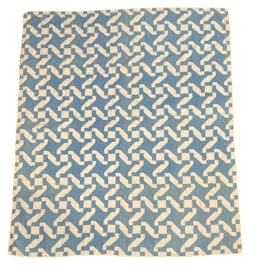 Hand Stitched Antique Quilt Blue and White: 66" x 81.5" Snail's Trail is name of pattern.