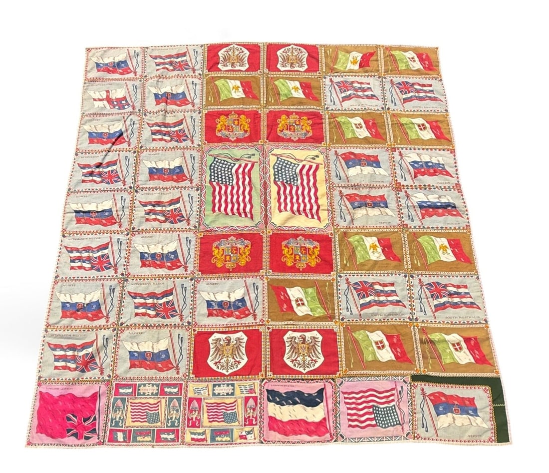 Antique Folk Art Cigar Felt Flag Quilt: Hand Stitched. Measures 63" x 64.5".