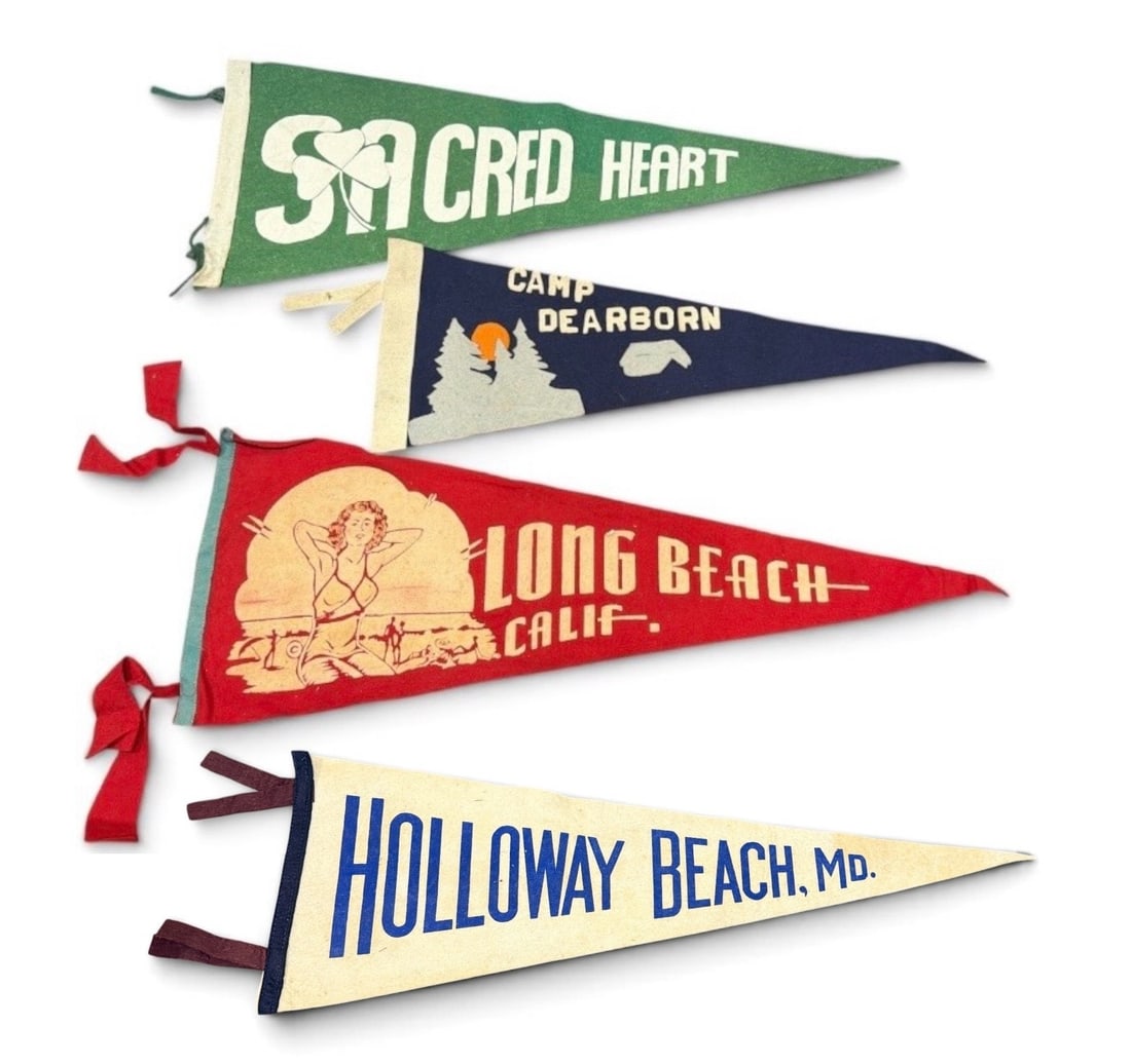 Four Early Souvenir Pennants: Larger Long Beach, California and Sacred Heart measure 11" H x 28" W , Holloway Beach, MD measures 8.5' H x 23.5" W, smaller Camp Dearborn measures 9" H x 23" W.