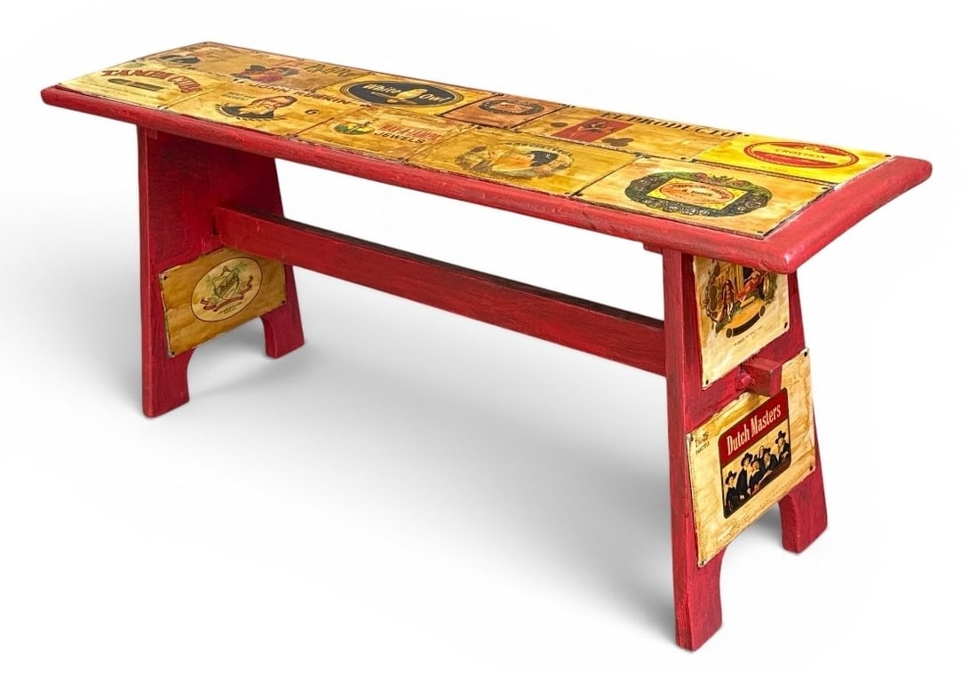 POPS CASEY (American, 20th C.) Folk Art Cigar Box Bench: Measures 18.5" H x 42.5" W x 11.5" D. Signed "Pops Casey USA" on back side of bench.