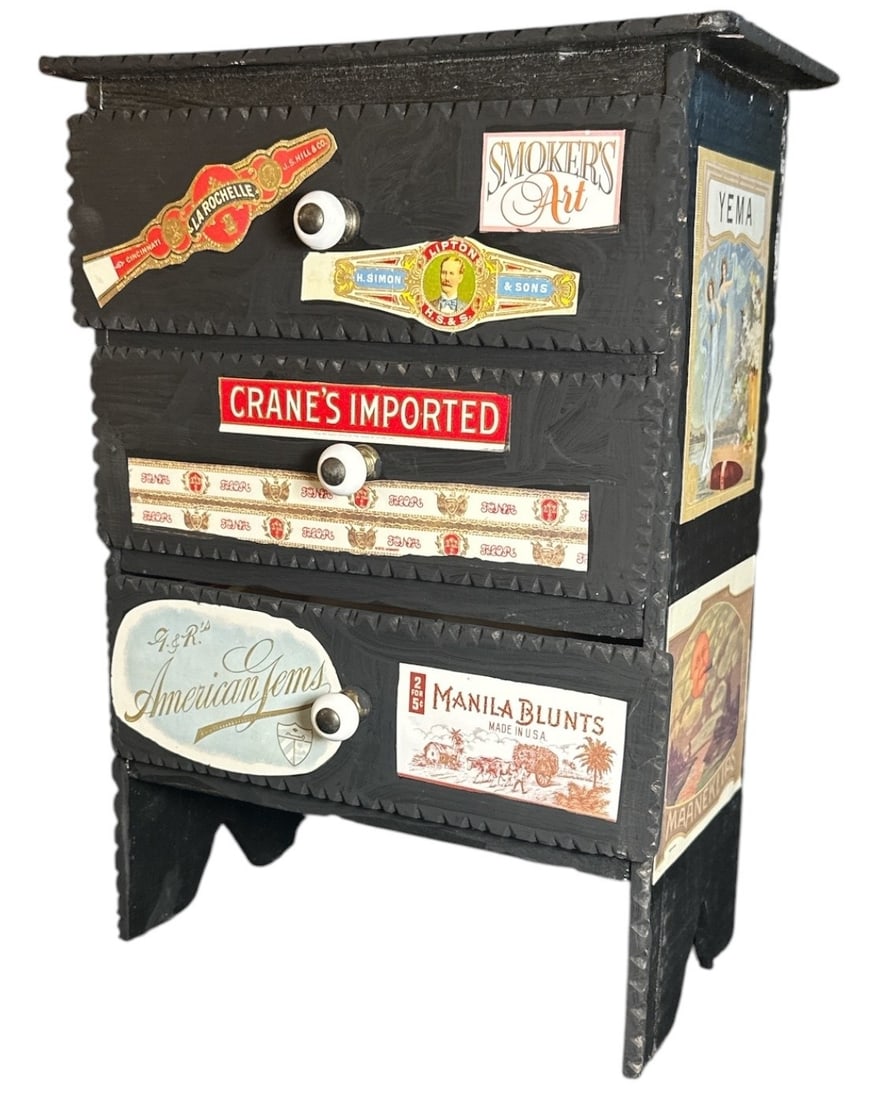 POPS CASEY (American 20th C ) Folk Art Cigar Label Cabinet: 15" H x 11" W x 7" D, this cabinet can stand or hang on the wall.