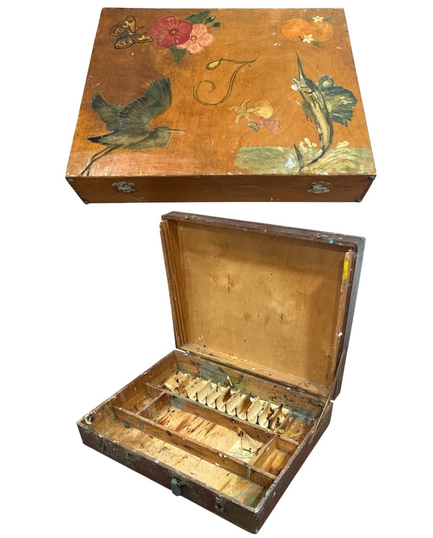 Folk Art Artist's Paint Supply Box: Measures 12.75" H x 17" W x 4" D. Personalized and painted by the artist.