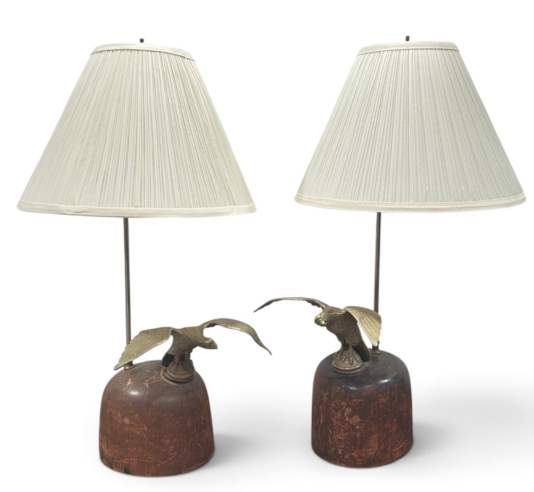 Folk Art Eagle Hat Mold Table Lamps: Each measures 27.75" H, eagle is 10.5" W, lamp is 12" D x 15" shade diameter.