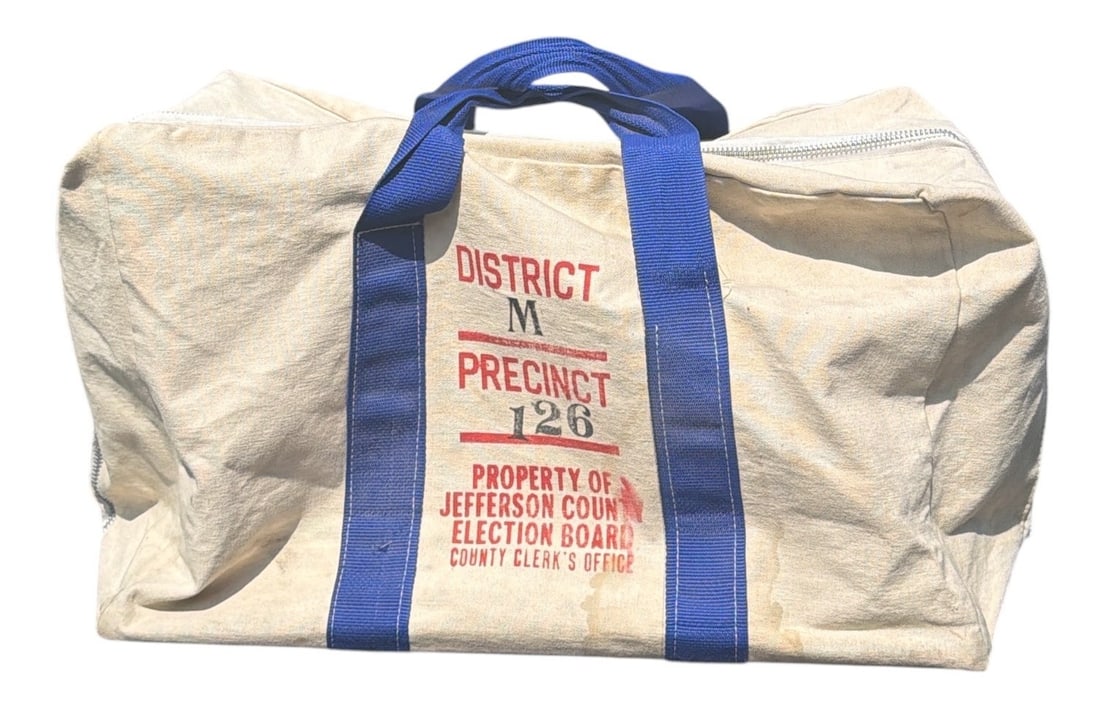 Vintage Voting Ballot Duffle Bag: Text reads " District M, Precinct 126, Property of Jefferson County Election Board County Clerk's Office "Measures approx. 14" H x 26" W x 12" D. Handle drop measures 8".