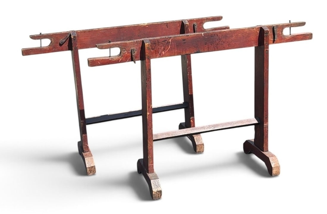 Primitive Americana Red Paint Work Sawhorses: Each measure 30.5" H x 48" W x 12" D at base.