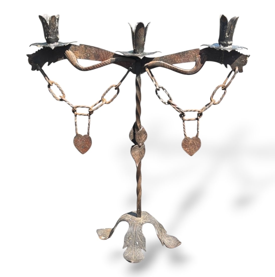 19th C Folk Art Primitive Lovers Candleholder: 18" H x 16.5" W x 7" x 7" at base. Wrought Iron, commonly known as a lover's keepsake candleholder.