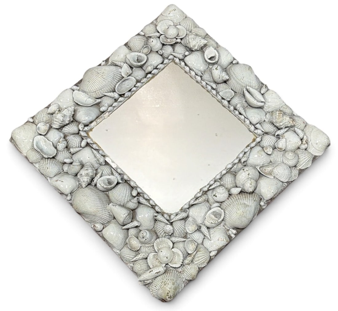 An Early 20th C Sailors Valentine Folk Art Seashell Mirror: 17" H x 16.5" W x .5" D, mirror measures 8.5" x 8.5".