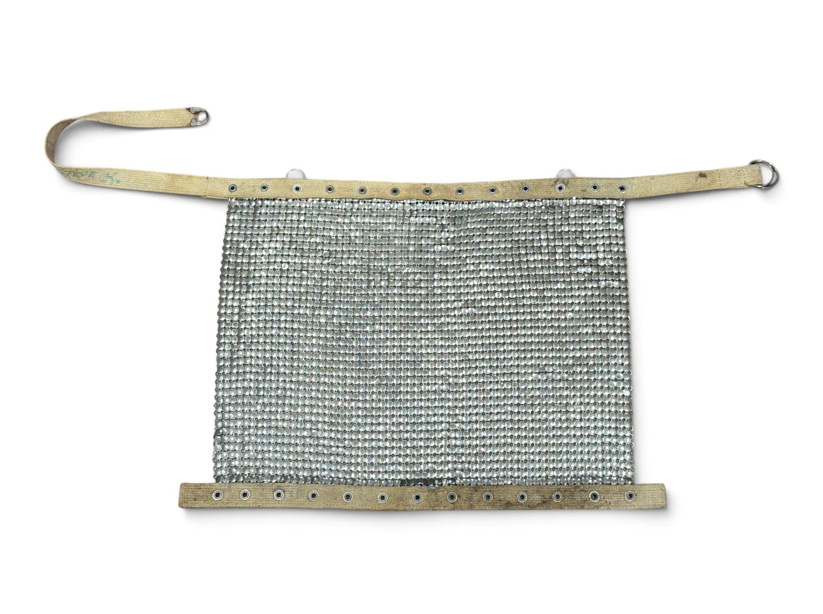 1920s Chainmail Butchers Apron: Measures 15.5" x 41.5" long on the top strap, chainmail is 19" W.