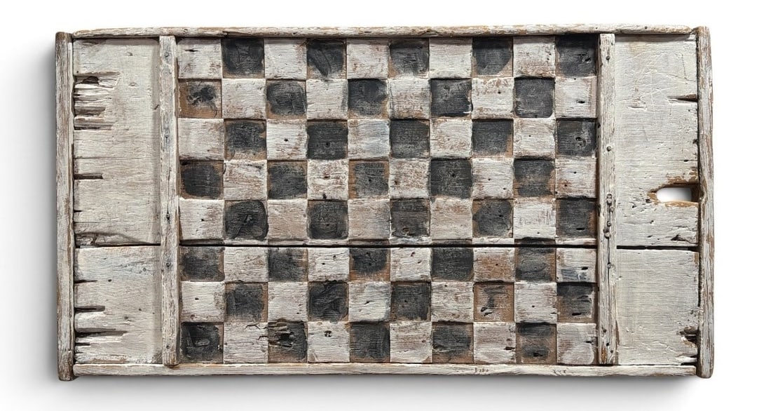 Early 18th C Primitive Folk Art Game Board, Museum Worthy Americana: Black and White, Museum Quality With Hand Hewn Wood, this is a rare and fine example of primitive Americana work. Measures 13" x 23.5" x 1.5" D.