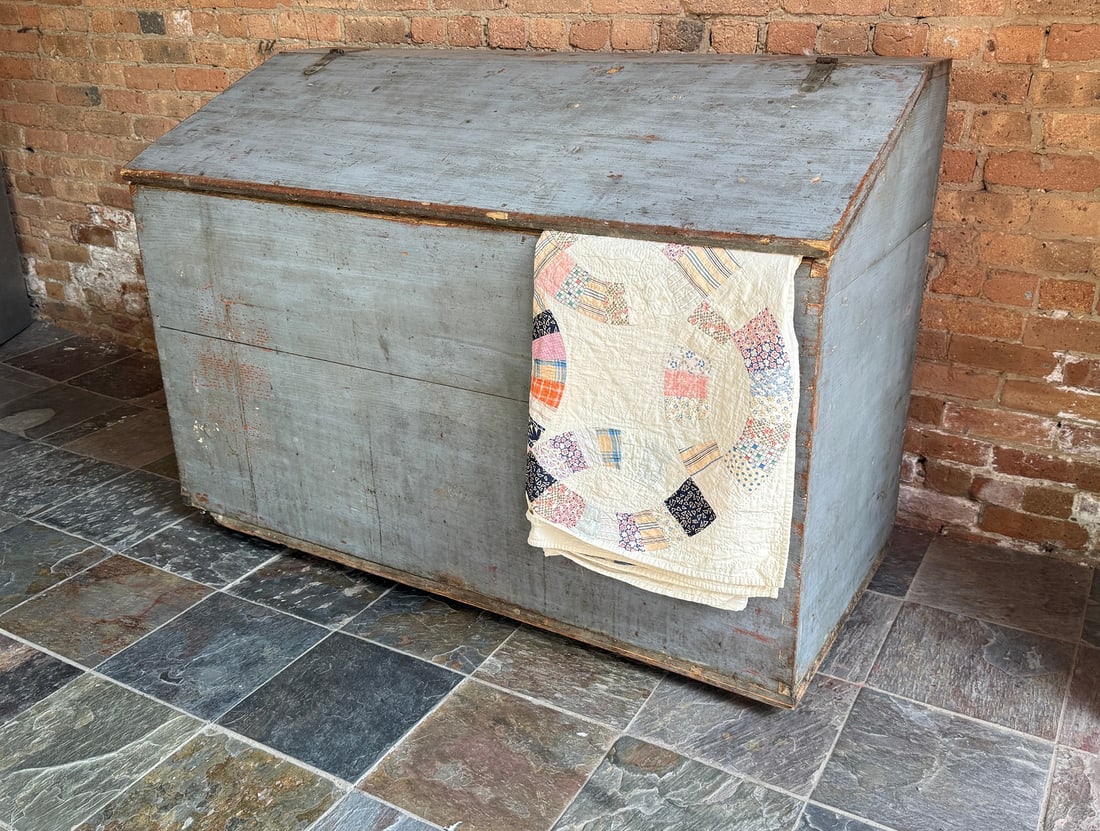 Large 1800's Primitive Grain Bin, Blue Grey Paint: Measures 39" H x 56" W x 25" D.