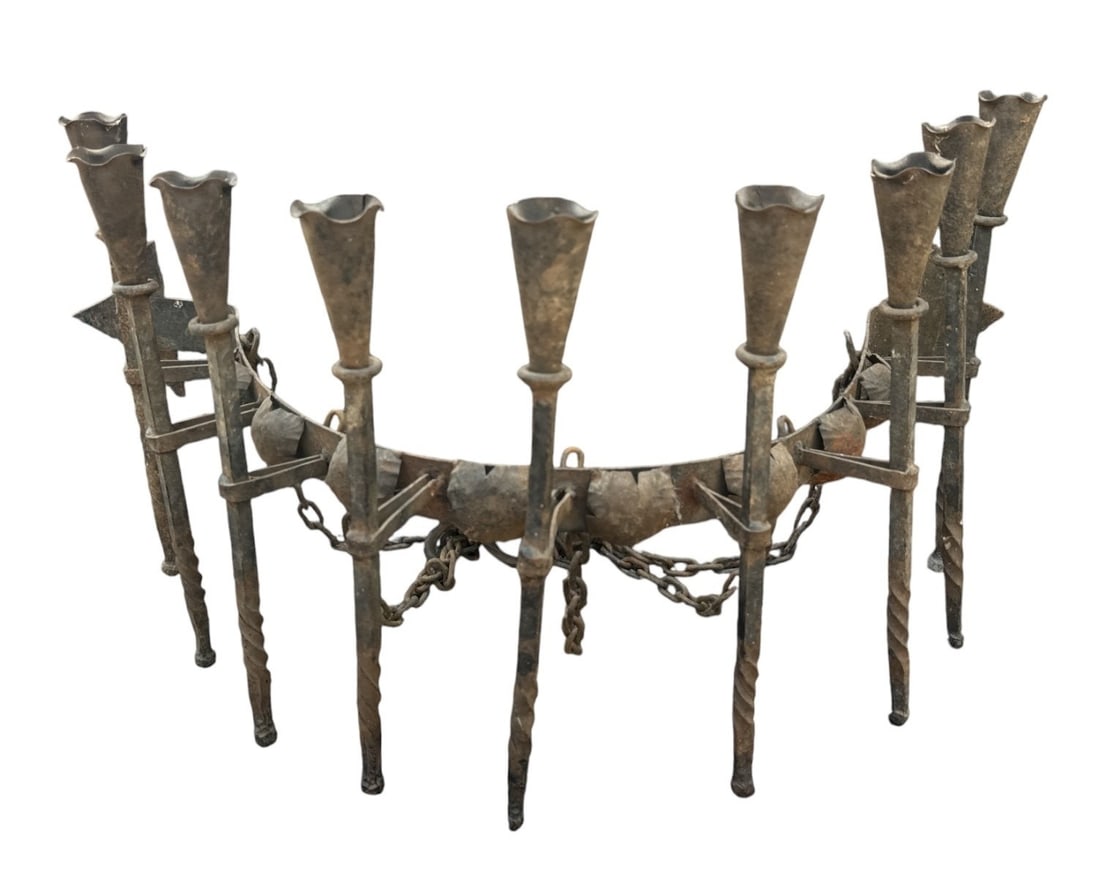 Large Mexican Gothic Chandelier Candelabra, Heart Motif: Hammered iron. 16" H x 34.5" W x 18.5" D. Stamped Mexico on ceiling mount.