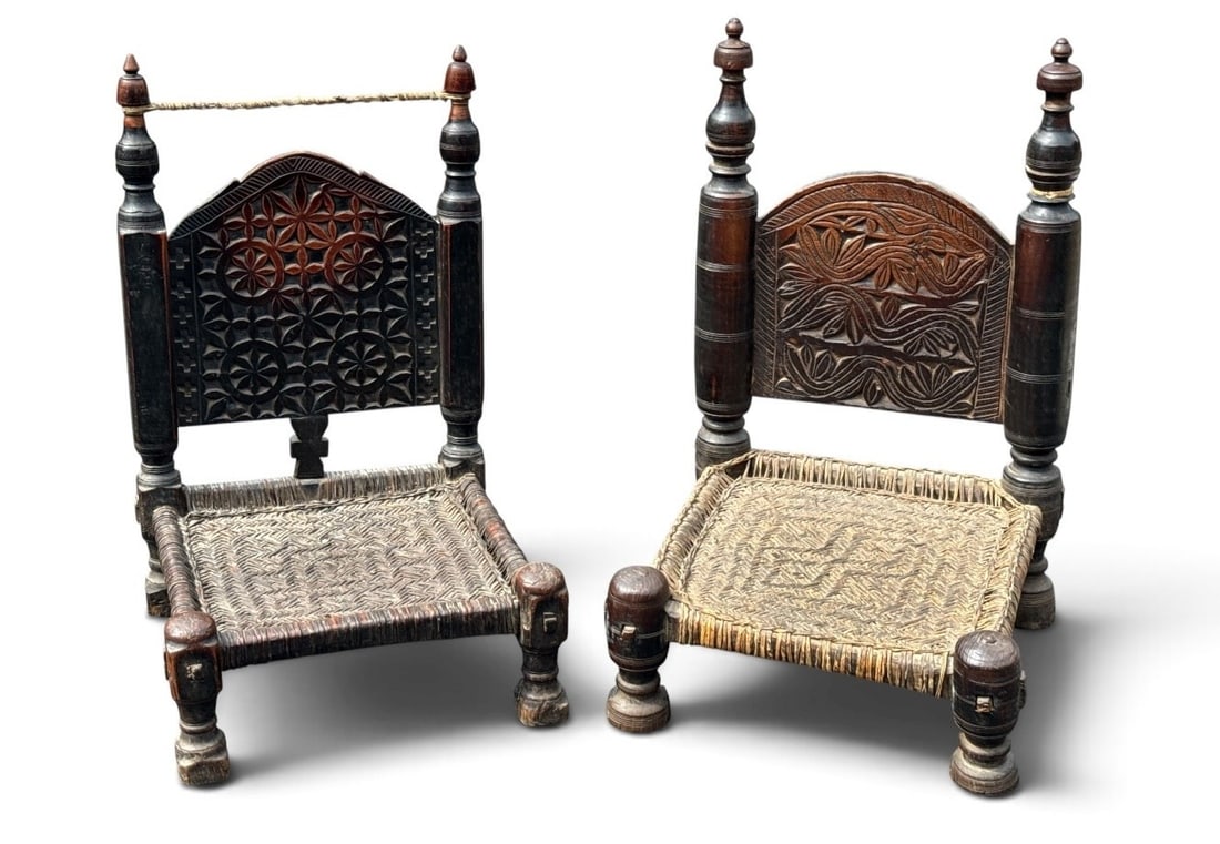 Two Antique Swat Valley Low Chairs: Measure 31" H to the back, 6" H to the seat x 19" W x 19" D.
