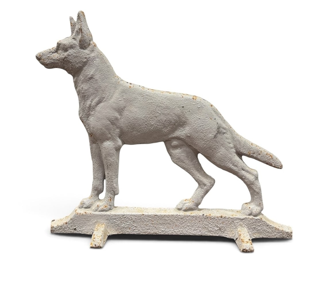 Cast Iron German Shepherd Doorstop, Early 20th C: Measures 12.5" H x 14" W x 3" D.